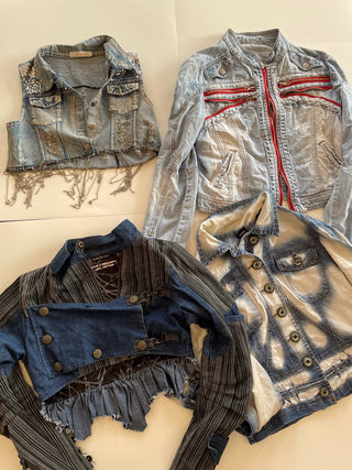 Denim For Days; Moto jackets, Embellished;Upcycled, jewelled denim. It’s all here- 9 pieces SKU-FPL-01