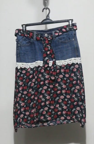 Reworked Ladies Skirts made using Ladies Vintage Denim Pants and Printed Skirts, Style # CR246.
