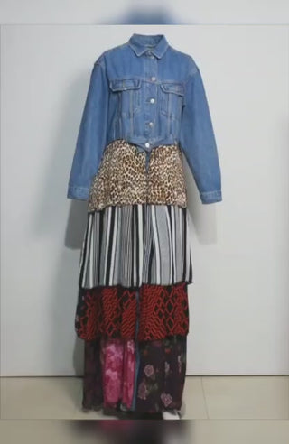 Reworked Ladies Denim Dress made using Ladies Vintage Denim Jackets and Printed Dress, Style # CR164.
