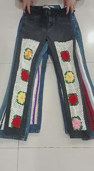 Reworked Ladies Denim Pants made using Ladies Vintage Levis Jeans and Colorful Crochet, Style # CR699.