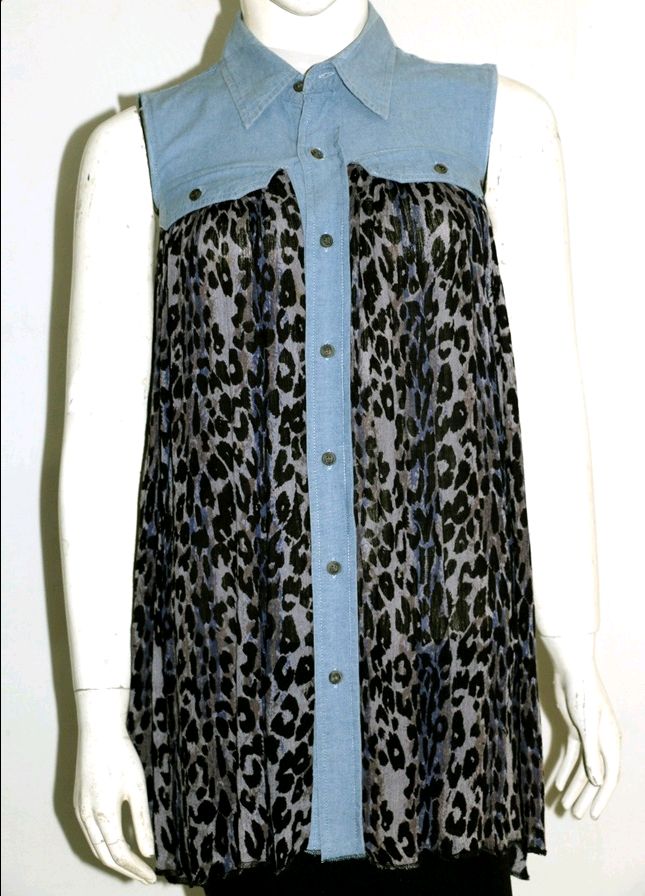 Reworked Ladies Denim Blouse made using Ladies Denim Blouse and Printed Dress, Style # CR042