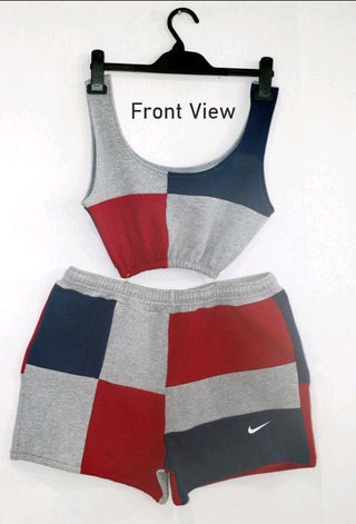 Reworked Ladies Set of Crop Top and Shorts made using Nike, Puma, Fila, Under Armour, Champion and Other Vintage Trousers, Style # CR858.