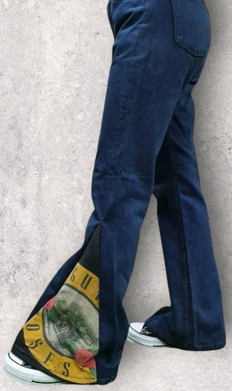 Reworked Ladies Denim Flare Music Pants made using Ladies Levis, True Religion, Miss Me Jeans and Other Vintage Denim Pants, Style # CR879