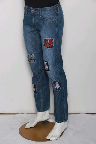 Reworked Patched Denim Pants made using Vintage Denim Pants, Style # CR212.